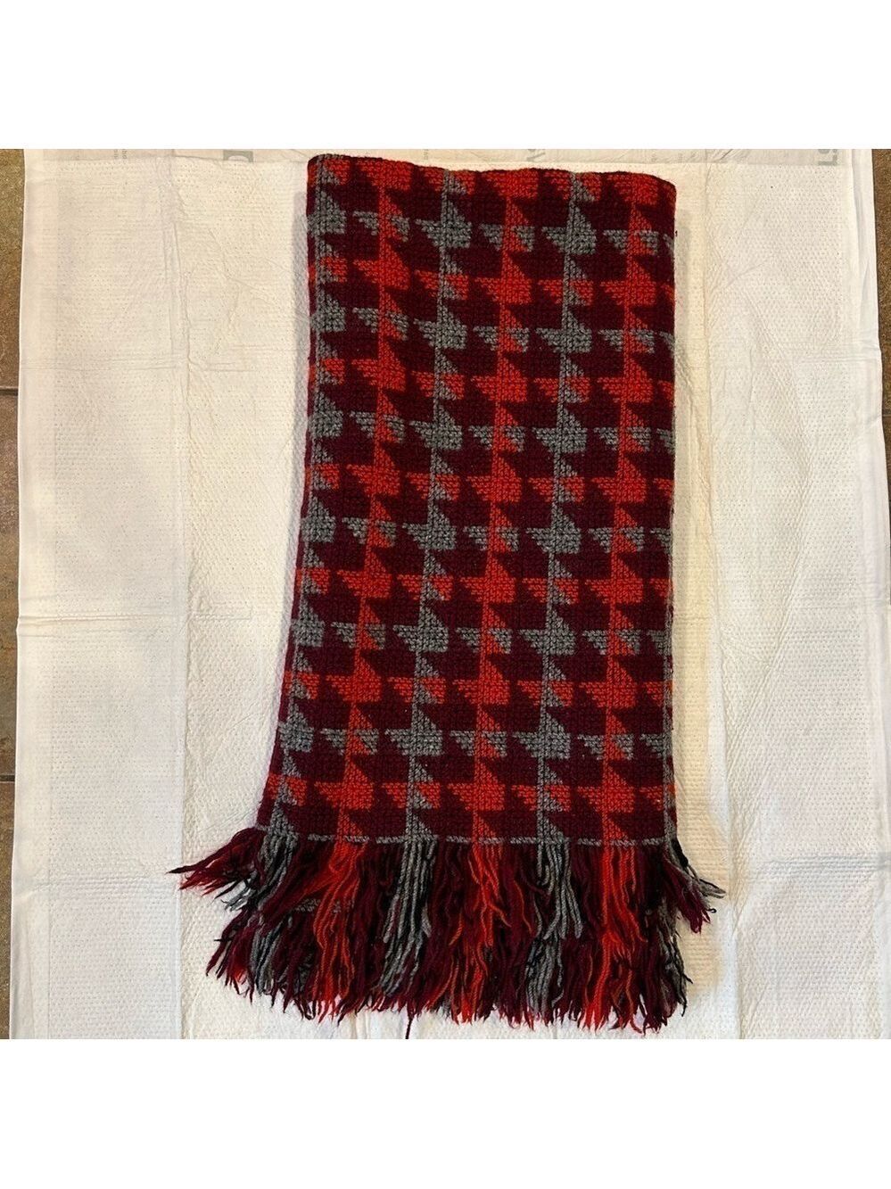 Pendleton Vintage Wool Knit Throw Blanket With Fringe 56x102 Red Gray Thick